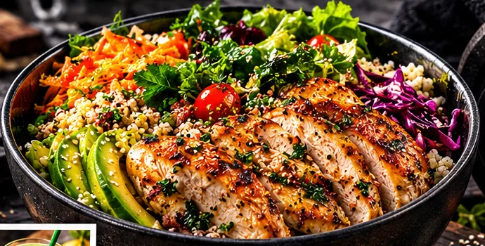 Bowl com frango grelhado, abacate, quinoa e legumes