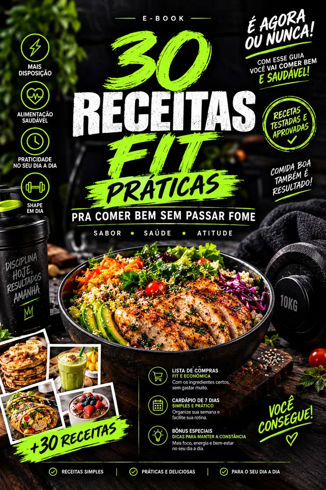 Capa do e-book 30 Receitas Fit Práticas, com bowl de frango, abacate e legumes