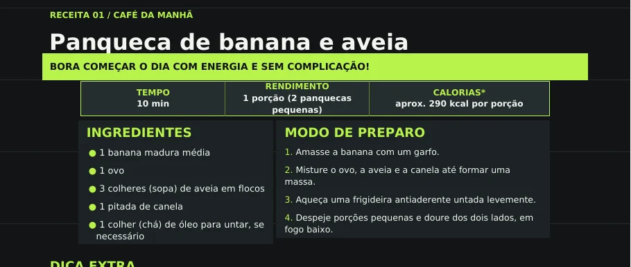 Página do e-book com a receita de panqueca de banana e aveia, ingredientes e modo de preparo